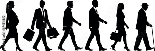 People Silhouettes Set Walking Group with Pregnant Woman Businessman with Shopping Bags Casual Man Businesswoman and Senior Man with Cane