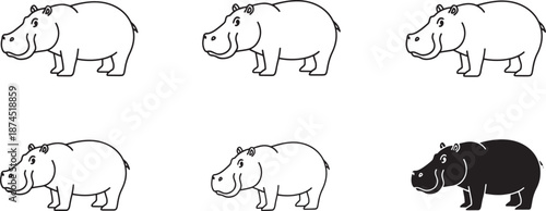 A comparison of hippopotamus illustration styles showcasing thin line, bold outline, and solid silhouette variations Vector