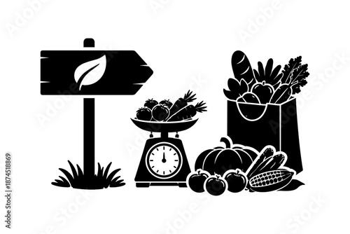 Organic market silhouette with produce and vintage scale