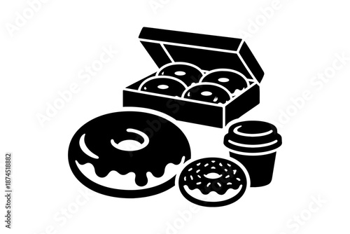 Silhouette of donuts and coffee: breakfast treats in bold black design