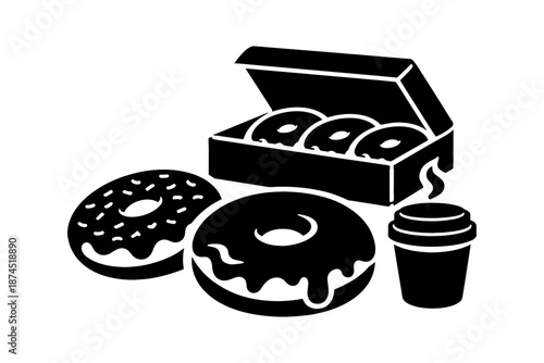 Silhouette of coffee cup and donuts with box in bold black and white design