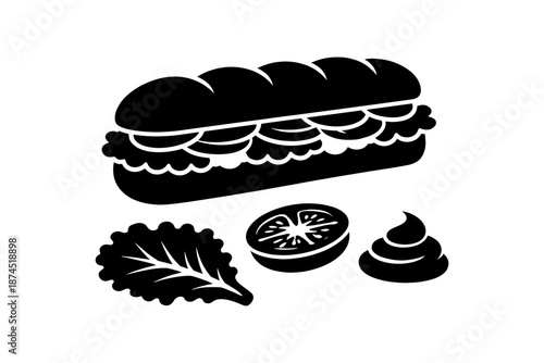 Black and white silhouette of sandwich with lettuce, tomato, and sauce design