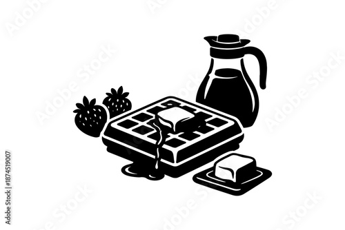 Black and white breakfast silhouette: waffles with syrup, butter, and berries