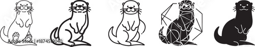 A set of five different otter illustrations, including solid silhouette, geometric, and various outline styles Vector