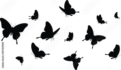 Flying butterfly silhouettes, black insect wings, group in flight, nature design, freedom symbol, white background