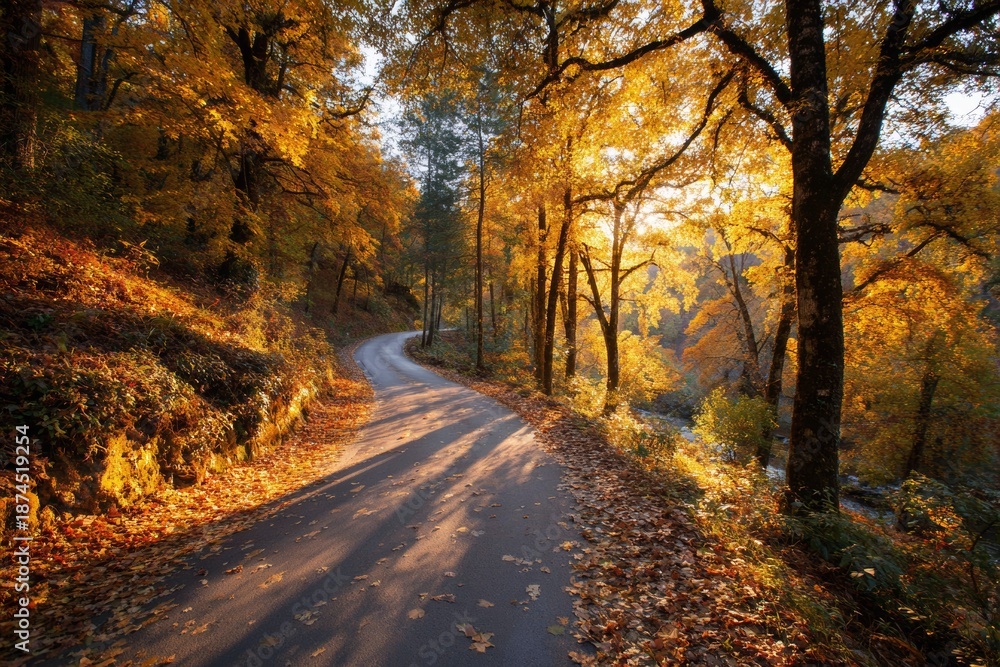 Fototapeta premium Golden leaves line a winding road in a forest during autumn afternoons as sunlight filters through trees