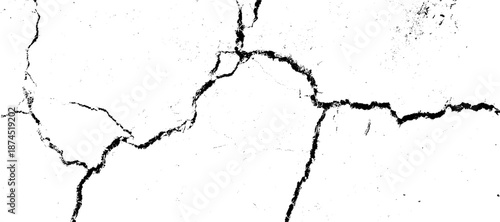 A bold black and white image displays thick, winding cracks prominently across the surface, implying deep structural damage. vector