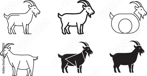 A collection of goat icons in different styles including line art and silhouette designs Vector