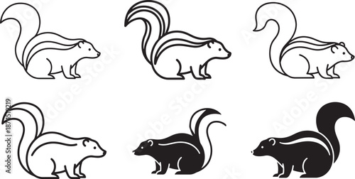 A collection of minimalist skunk illustrations featuring line art and solid silhouette styles Vector