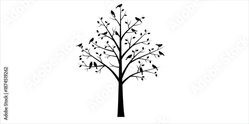 A minimalist black silhouette of a tree with birds perched on its branches against a white background