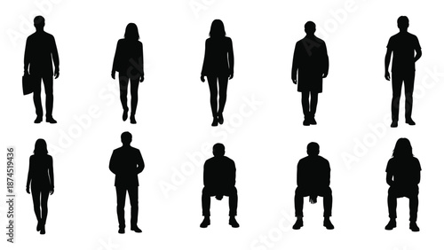 Silhouettes of people in various poses isolated on white background, Vector