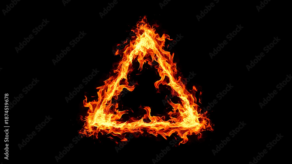 Fototapeta premium Flaming triangle symbol on black background warning sign
