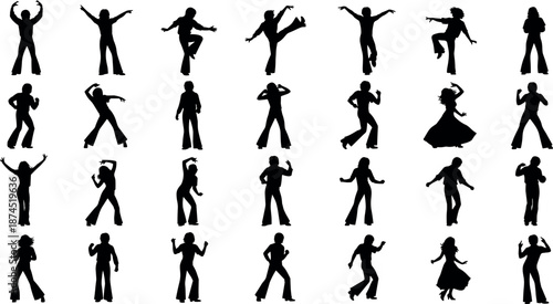 Retro Disco Dancers Silhouette Collection Featuring 70s Style People in Funky Poses for Party Celebration and Vintage Music Events Vector
