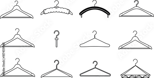 Set of diverse clothes hanger icons featuring wooden plastic wire and padded styles for closet organization laundry and fashion retail design