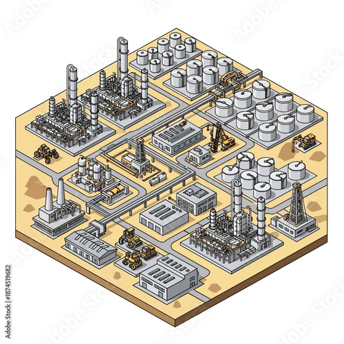 Isometric illustration of an industrial factory complex with various machinery and storage tanks.