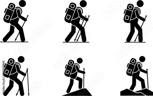 Set of Hiking Stick Man Icons Representing Backpacking Trekking Adventure Outdoor Activity Mountain Climbing Walking and Exploration in Nature Wilderness