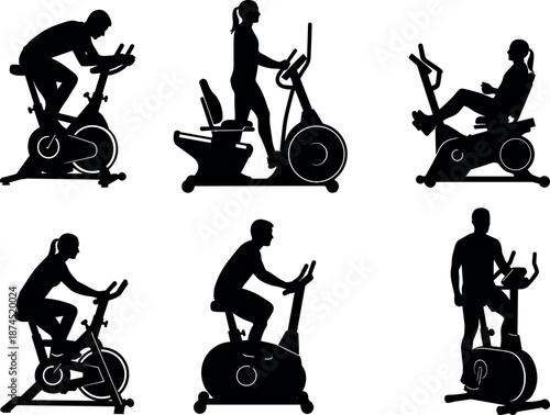 Set of Silhouettes Featuring Men and Women Exercising on Various Indoor Stationery Bikes, Spin Cycles, and Recumbent Fitness Equipment