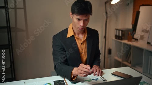 Professional accountant using a calculator and laptop while analyzing financial reports with graphs and charts, working overtime in the office