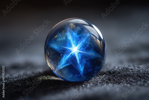 Macro close-up of a blue star sapphire with a six-ray asterism on dark velvet