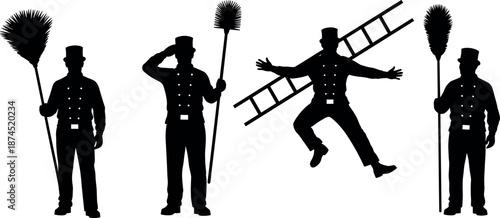 Silhouette of Chimney Sweep Characters Set with Top Hat Brushes and Ladder for Luck Profession and Traditional Victorian Service Industry