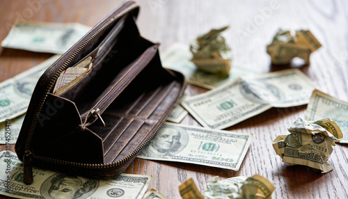 Konstfotografi Open leather wallet on wooden table surrounded by crumpled dollar bills, symboli
