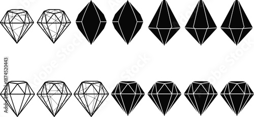 Geometric diamond shapes, black and white crystal illustration, gemstone outline, polygonal jewelry icon set, abstract precious stone vector design