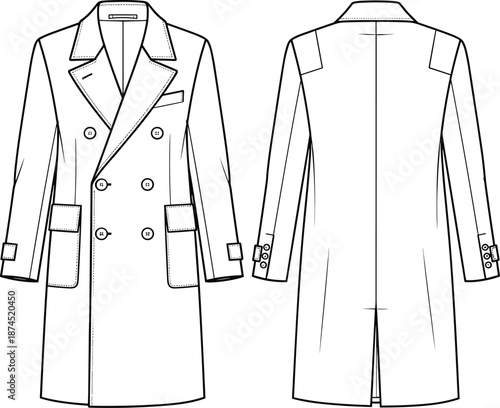 Double breasted overcoat, fashion cad sketch, technical garment drawing, coat front back view, vector illustration, apparel design, flat sketch