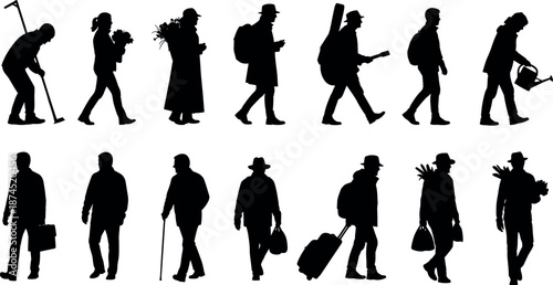 Set of Fourteen Black Silhouettes of Diverse People Including Gardeners Musicians Travelers and Seniors Walking and Carrying Various Objects