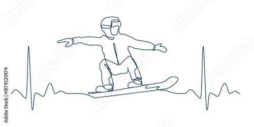 One Line Snowboarder Between Heartbeats. Continuous Line Winter Sports Illustration.
