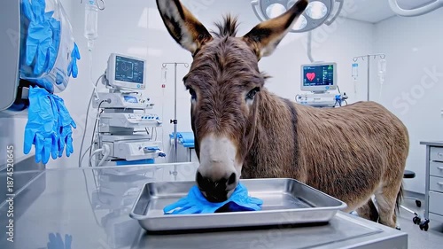 Humorous animal exploration, Funny animal character explores clinical surgical tools, Amusing animal adventure takes place inside sterile veterinary operating space filled with medical devices