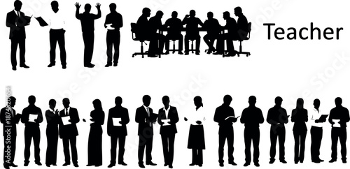 Teacher and Professional Educator Silhouette Vector Set Featuring Business People Group Meeting Seminar Classroom Instruction and Diverse Academic Staff Figures Collection