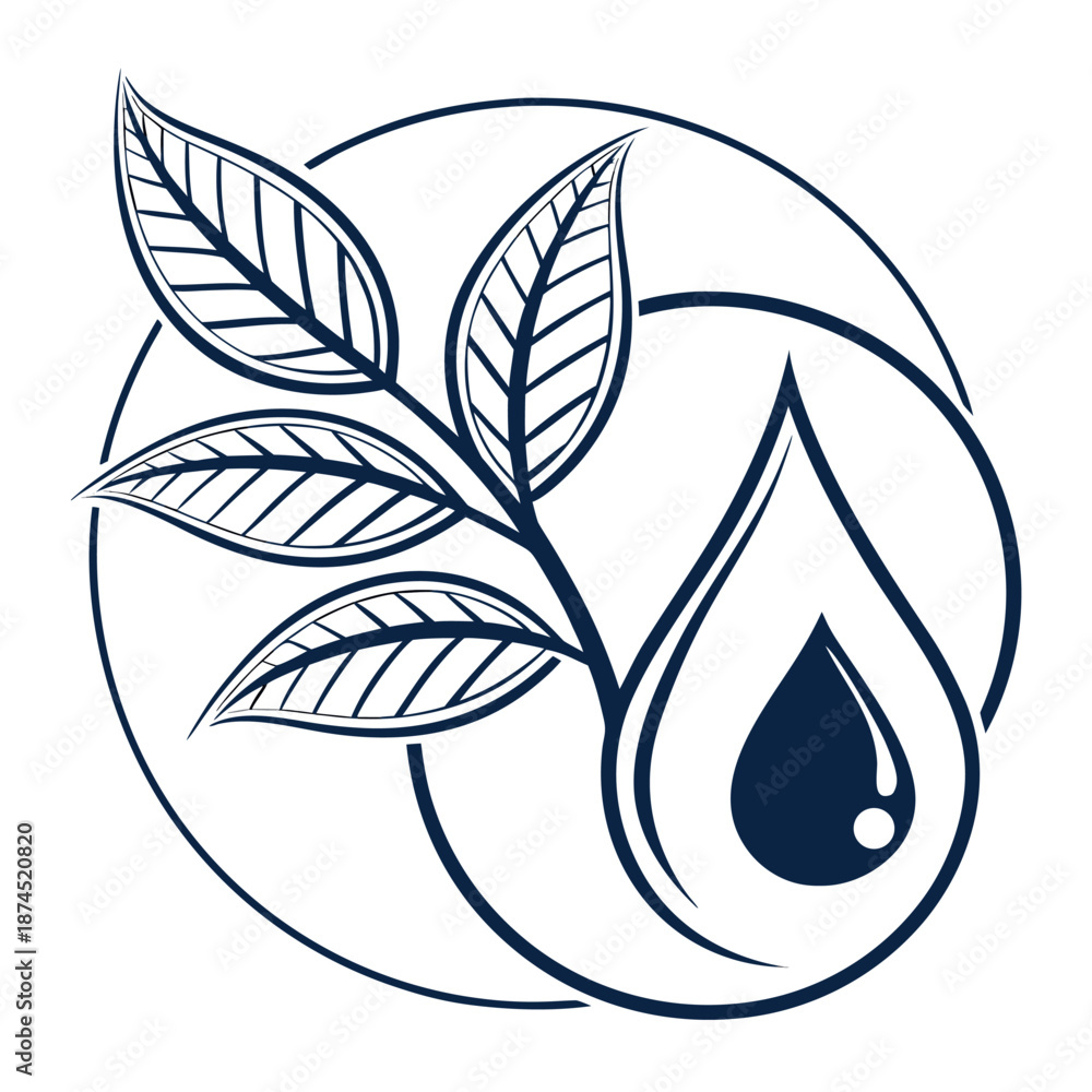 Fototapeta premium A minimalist logo design features a delicate leaf shape combined with a water droplet suggesting wellness and purity