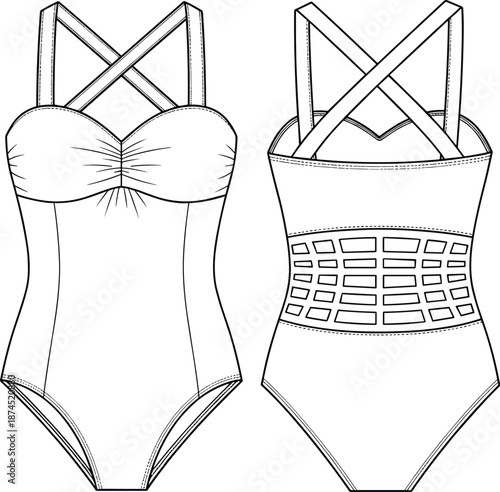 One piece swimsuit technical sketch, fashion flat vector, front and back view, crisscross strap, cutout detail, princess seam, cad drawing flat vector illustration