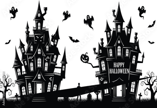 Halloween haunted house, black and white, spooky illustration, gothic architecture, bats, ghosts, twisted trees, jack-o'-lantern, scary night, festive design