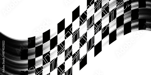 Race flag grunge background, car rally or motocross finish flag with vector checker pattern. Grunge race flag for car racing sport or bike speedway, motorsport