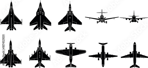 Set of Military Fighter Jet and Commercial Airplane Silhouettes Top and Front View Icons for Aviation Design and Travel Graphics