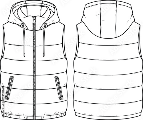 Sleeveless padded vest, hooded quilted jacket, technical fashion sketch, front back view, zipper pockets, winter wear