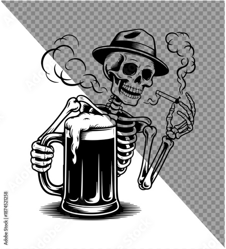 This bold black-and-white illustration features a stylish skeleton wearing a classic fedora hat, holding a frothy beer mug in one hand and a smoking cigar in the other. The vintage engraving-style art
