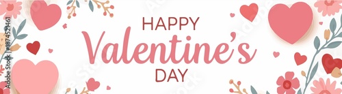  template of a long banner with a Happy Valentine's Day theme, featuring a flat design style, incorporating pastel colors such as soft pinks and whites