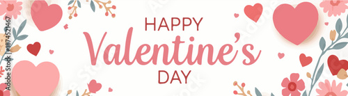 Vector template of a long banner with a Happy Valentine's Day theme, featuring a flat design style, incorporating pastel colors such as soft pinks and whites