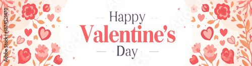 Vector template of a long banner with a Happy Valentine's Day theme, featuring a flat design style, incorporating pastel colors such as soft pinks and whites