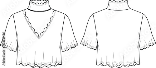 Women's fashion top, scalloped edge blouse, technical flat sketch, short sleeve design, vector apparel template, cad drawing flat vector illustration
