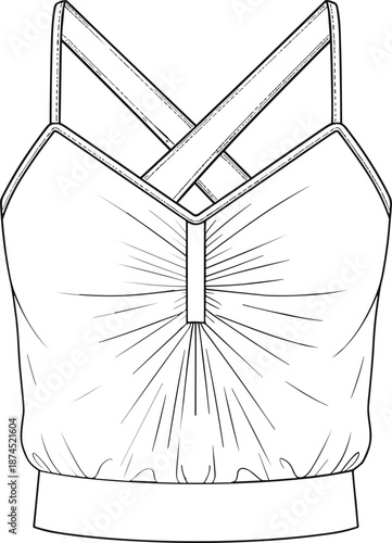 Women's sleeveless top, fashion flat sketch, technical drawing, crisscross straps, ruched bodice, V-neckline, fitted waist, apparel design, garment template, cad drawing flat vector illustration