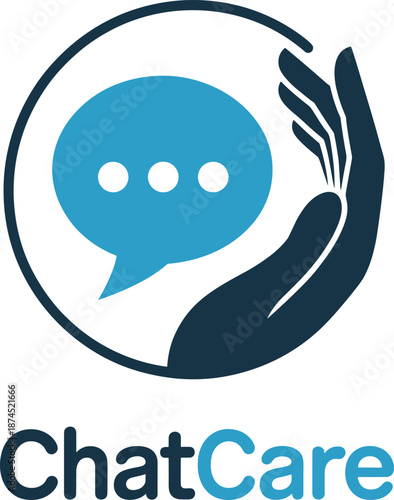 Chat, care, logo, messaging, support, icon, speech, bubble, hand, protection, healthcare, communication, app, branding, vector, illustration, customer, service, design, modern