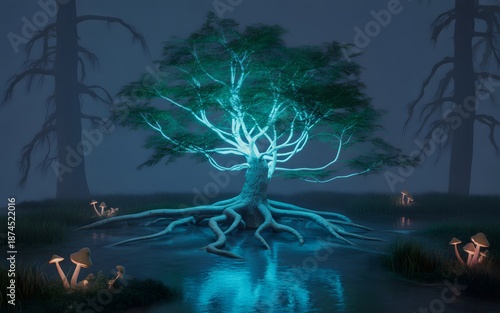 Mystical Glowing Tree with Radiant Blue Light Emitting from Its Branches and Trunk Reflected in a Calm Lake Within a Dark Fantasy Forest at Night