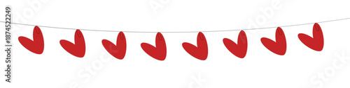 Red heart garland hanging on string with paper clips for Valentines Day party decor wedding invitations love notes scrapbook pages and romantic social media posts