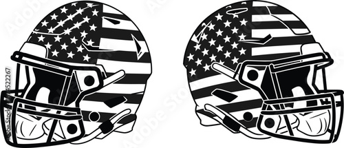 American flag football helmet silhouette set, patriotic United States sports equipment icons, Fourth of July vector