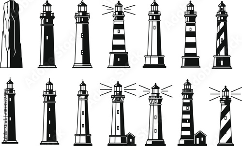Lighthouse vector set, black and white sketch, maritime architecture, coastal navigation, striped towers, beacon light, nautical design, vintage, sea, guide