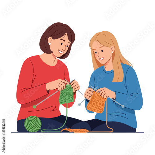 Two friends knitting together: cozy creativity, friendship, patience, sharing, and colorful inspirations unite