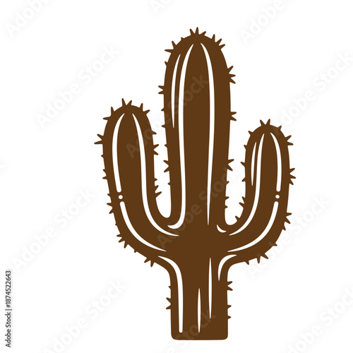 Brown cactus plant with three arms and sharp spines on white background
